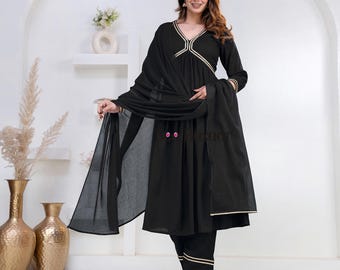 Black Golden Lace Designer Anarkali Premium Rayon Kurta Pant With Cotton Dupatta Set | Party Wear |Plus Sizes & Customization is Free.