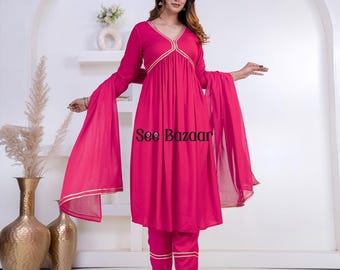 Pink Golden Lace Designer Anarkali Premium Rayon Kurta Pant With Cotton Dupatta Set | Party Wear |Plus Sizes & Customization is Free.