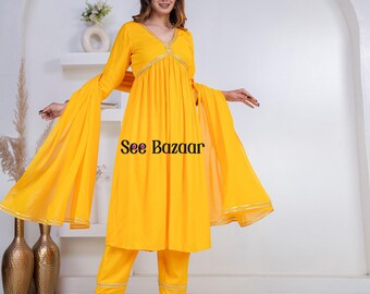 Mustard Golden Lace Designer Anarkali Premium Rayon Kurta Pant With Cotton Dupatta Set | Party Wear |Plus Sizes & Customization is Free.