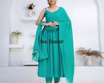 Sea Green Designer Flared Premium Rayon Kurta Pant With Cotton Dupatta Set|Bijiya Thread work|Party Wear| Plus Sizes & Customization is Free