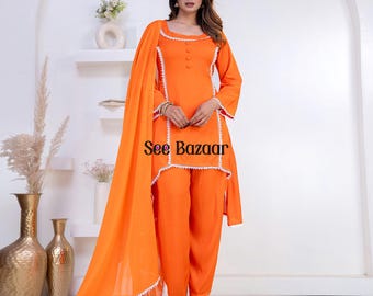 Ready to Wear Orange Rayon Lace Work Kurta Pant With Cotton Dupatta Designer Salwar Kameez Suit Set  Plus Sizes & Customization is Free