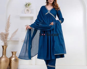 Blue Golden Lace Designer Anarkali Premium Rayon Kurta Pant With Cotton Dupatta Set | Party, Wedding Wear|Plus Sizes & Customization is Free