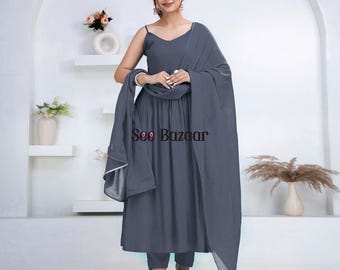 Grey Designer Flared Premium Rayon Kurta Pant With Cotton Dupatta Set | Bijiya Thread work| Party Wear| Plus Sizes & Customization is Free