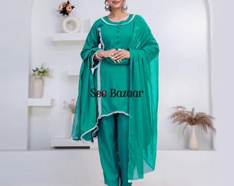 Ready to Wear Sea Green Rayon Lace Work Kurta Pant With Cotton Dupatta Designer Salwar Kameez Suit Set  Plus Sizes & Customization is Free