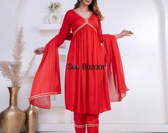 Red Golden Lace Designer Anarkali Premium Rayon Kurta Pant With Cotton Dupatta Set | Party Wear |Plus Sizes & Customization is Free.