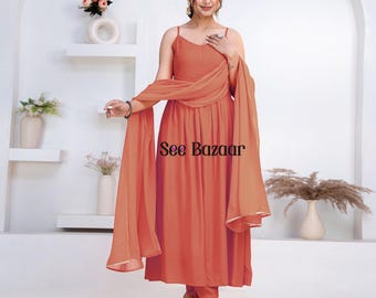 Peach Designer Flared Premium Rayon Kurta Pant With Cotton Dupatta Set | Bijiya Thread work| Party Wear | Plus Sizes & Customization is Free