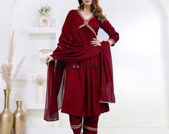 Maroon Golden Lace Designer Anarkali Premium Rayon Kurta Pant With Cotton Dupatta Set | Party Wear | Plus Sizes & Customization is Free