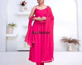 Pink Designer Flared Premium Rayon Kurta Pant With Cotton Dupatta Set | Bijiya Thread work| Party Wear| Plus Sizes & Customization is Free
