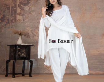 Ready to Wear White Rayon Lace Work Kurta Pant With Cotton Dupatta Designer Salwar Kameez Suit Set  Plus Sizes & Customization is Free