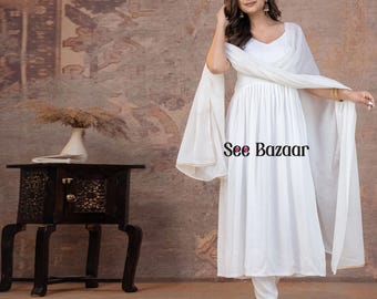 White Designer Flared Premium Rayon Kurta Pant With Cotton Dupatta Set | Bijiya Thread work| Party Wear| Plus Sizes & Customization is Free