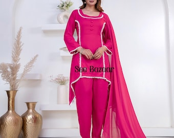Ready to Wear Pink Rayon Lace Work Kurta Pant With Cotton Dupatta Designer Salwar Kameez Suit Set  Plus Sizes & Customization is Free