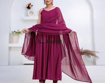 Purple Designer Flared Premium Rayon Kurta Pant With Cotton Dupatta Set | Bijiya Thread work| Party Wear| Plus Sizes & Customization is Free