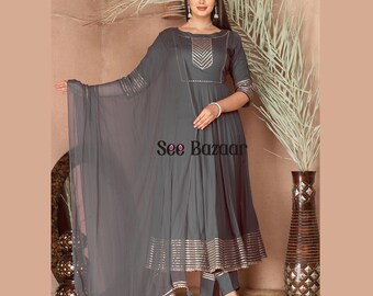 Grey Anarkali Kurta Pant with Chiffon Dupatta - Gota Patti Work Salwar Kameez Suit