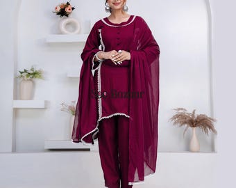 Ready to Wear Purple Rayon Lace Work Kurta Pant With Cotton Dupatta Designer Salwar Kameez Suit Set  Plus Sizes & Customization is Free