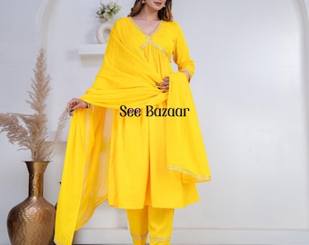 Yellow Golden Lace Designer Anarkali Premium Rayon Kurta Pant With Cotton Dupatta Set | Party Wear |Plus Sizes & Customization is Free.