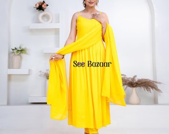 Yellow Designer Flared Premium Rayon Kurta Pant With Cotton Dupatta Set |Bijiya Thread work| Party,Wear|Plus Sizes & Customization is Free.