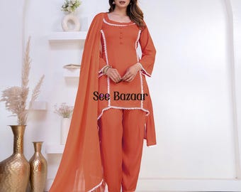 Ready to Wear Peach Rayon Lace Work Kurta Pant With Cotton Dupatta Designer Salwar Kameez Suit Set  Plus Sizes & Customization is Free
