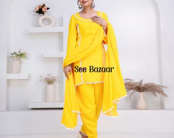 Ready to Wear Yellow Rayon Lace Work Kurta Pant With Cotton Dupatta Designer Salwar Kameez Suit Set  Plus Sizes & Customization is Free