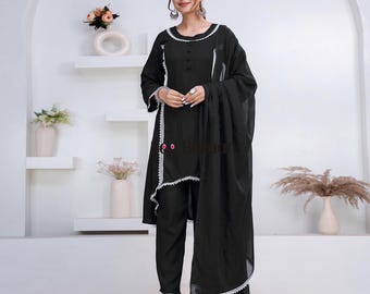 Ready to Wear Black Rayon Lace Work Kurta Pant With Cotton Dupatta Designer Salwar Kameez Suit Set  Plus Sizes & Customization is Free