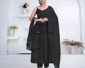 Black Designer Flared Premium Rayon Kurta Pant With Cotton Dupatta Set |Bijiya Thread work| Party, Wear | Plus Sizes & Customization is Free