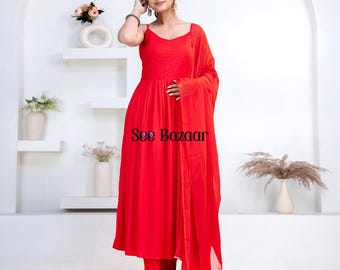 Red Designer Flared Premium Rayon Kurta Pant With Cotton Dupatta Set | Bijiya Thread work| Party Wear| Plus Sizes & Customization is Free
