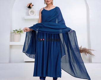 Blue Designer Flared Premium Rayon Kurta Pant With Cotton Dupatta Set, Bijiya Thread work ,Party Wear Plus Sizes & Customization is Free.