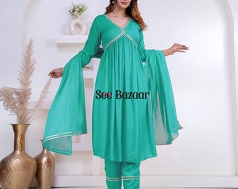 Sea Green Golden Lace Designer Anarkali Premium Rayon Kurta Pant With Cotton Dupatta Set | Party Wear | Plus Sizes & Customization is Free.