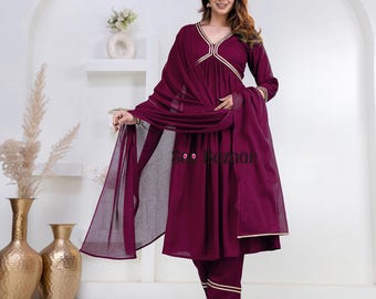 Purple Golden Lace Designer Anarkali Premium Rayon Kurta Pant With Cotton Dupatta Set | Party Wear |Plus Sizes & Customization is Free.