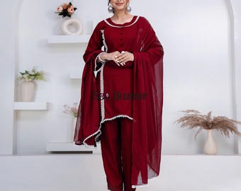 Ready to Wear Maroon Rayon Lace Work Kurta Pant With Cotton Dupatta Designer Salwar Kameez Suit Set  Plus Sizes & Customization is Free
