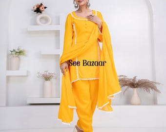 Ready to Wear Mustard Rayon Lace Work Kurta Pant With Cotton Dupatta Designer Salwar Kameez Suit Set  Plus Sizes & Customization is Free