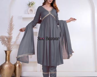 Grey Golden Lace Designer Anarkali Premium Rayon Kurta Pant With Cotton Dupatta Set | Party Wear |Plus Sizes & Customization is Free.