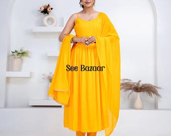Mustard Designer Flared Premium Rayon Kurta Pant With Cotton Dupatta Set| Bijiya Thread work| Party Wear| Plus Sizes & Customization is Free