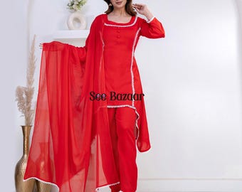 Ready to Wear Red Rayon Lace Work Kurta Pant With Cotton Dupatta Designer Salwar Kameez Suit Set  Plus Sizes & Customization is Free