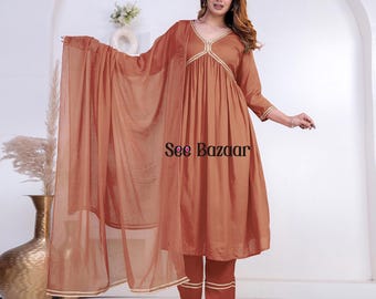 Peach Golden Lace Designer Anarkali Premium Rayon Kurta Pant With Cotton Dupatta Set | Party Wear |Plus Sizes & Customization is Free.