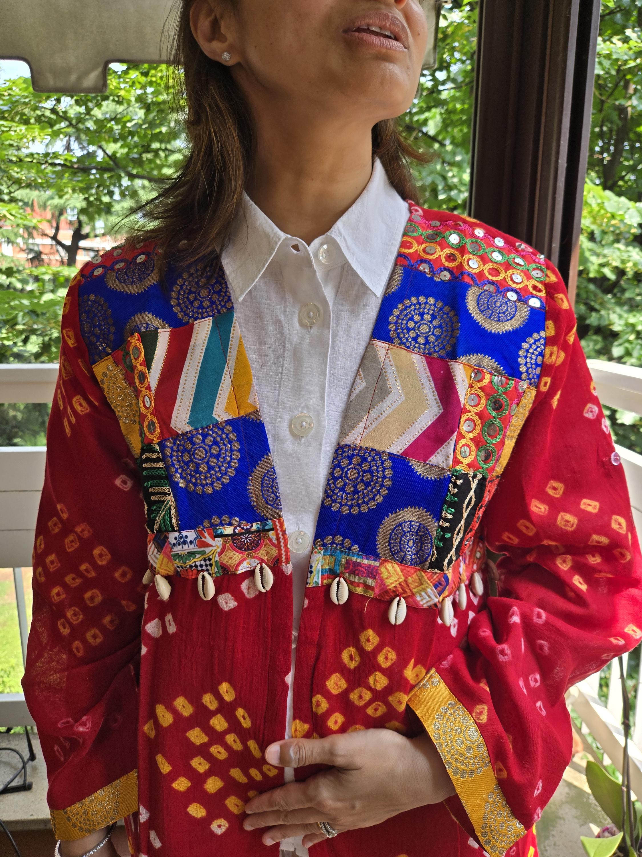 Raj Rag Rajrang Red Cotton Bandhej Shrug/coat...embroidered Patchwork Fusion ...