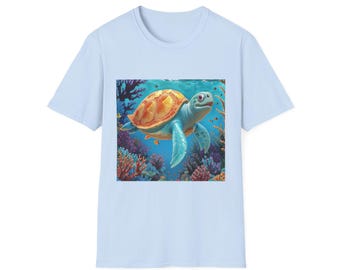 Havsinspirerad t-shirt med havssköldpadda, kustkläder, present till strandälskare, miljövänliga kläder, t-shirt med marint liv