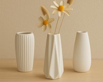 Set of 3 decorative white ceramic vases, Scandinavian minimalist style, perfect for living room, office, or modern bedroom.