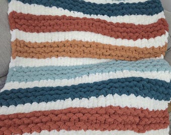 Handmade Chunky Knit Blanket – Ivory, Teal & Orange