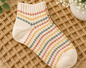 Confetti Cake Ankle Sock Knitting Pattern PDF, Striped Shortie Socks Knit Tutorial, Beginner Friendly Colorwork