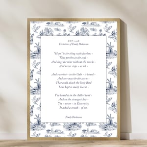 Hope Poem Emily Dickinson Print - Blue and White Elegant Vintage Countryside Art - Poetic Retro Quote Wall Art - Digital Download Life Poem