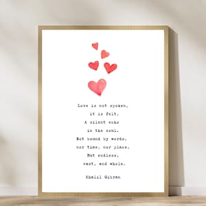 Khalil Gibran on Love Digital Wall Art - Poetry The Prophet Kahlil Gibran - Vintage Typewriter & Red Watercolor Hearts - Digital Download