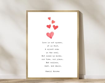 Khalil Gibran on Love Digital Wall Art - Poetry The Prophet Kahlil Gibran - Vintage Typewriter & Red Watercolor Hearts - Digital Download