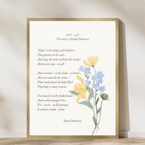 Wiersz nadziei Emily Dickinson Wall Art, poetycki beżowy vintage z żółtymi i niebieskimi kwiatami Bukiet Wall Art, natychmiastowe pobranie cyfrowe Poezja Wydruk