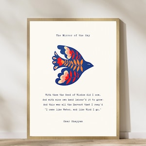 Rubaiyat Of Omar Khayyam Poem Wall Art - Beige Printable Persian Poetry with a Blue Flying Bird Art - Vintage Poetry Poster Digital Download