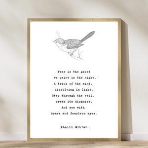 Khalil Gibran on Fear Art Print - Poetry from The Prophet with Vintage Bird and Typewriter Style - Minimalist Design - Digital Download