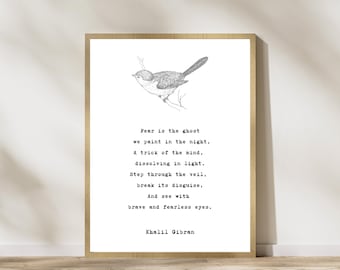 Khalil Gibran on Fear Art Print - Poetry from The Prophet with Vintage Bird and Typewriter Style - Minimalist Design - Digital Download