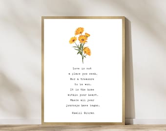 Kahlil Gibran on Love Wall Art - Poetry from The Prophet With Vintage Orange Flowers and Typewriter Style - Digital Download