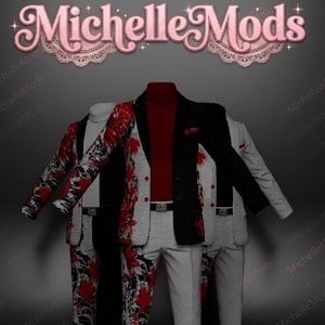 Può includere: Sono mostrati tre completi. Un completo ha una giacca nera e pantaloni bianchi. Un altro completo ha un dolcevita rosso e una giacca nera con pantaloni bianchi. Il terzo completo ha un motivo floreale con colori rosso e bianco. Il testo "Michelle Mods" è in alto.
