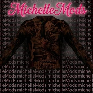 以下が含まれることがあります： 詳細なタトゥーデザインが施された茶色の長袖シャツ。 シャツは長袖とクルーネックです。 「Michelle Mods」という文字がピンク色で、光る効果があり、画像の上部にあります。