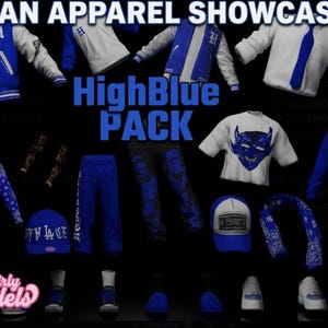 以下が含まれることがあります： 青と白を基調としたアーバンアパレルのコレクション。ジャケット、パーカー、Tシャツ、パンツ、帽子、バンダナなど。画像には「URBAN APPAREL SHOWCASE」と「HighBlue PACK」の文字が写っています。「Michelle Models」のブランド名も表示されています。